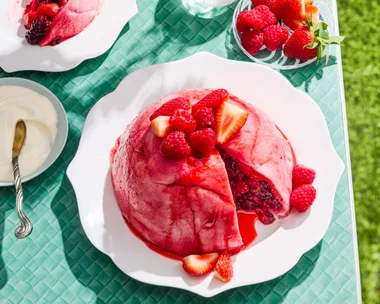 summer pudding bright pink colour on blue table with grass on the floor
