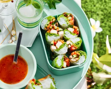 chicken teriyaki rice paper rolls in lunchbox with bowl of sauce next to it