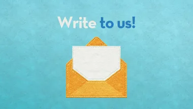 Felt envelope on a blue textured background with the text 'Write to us!' above it