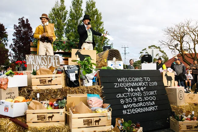 barossa vintage festival with two men wearing top hats in low cost activities auction