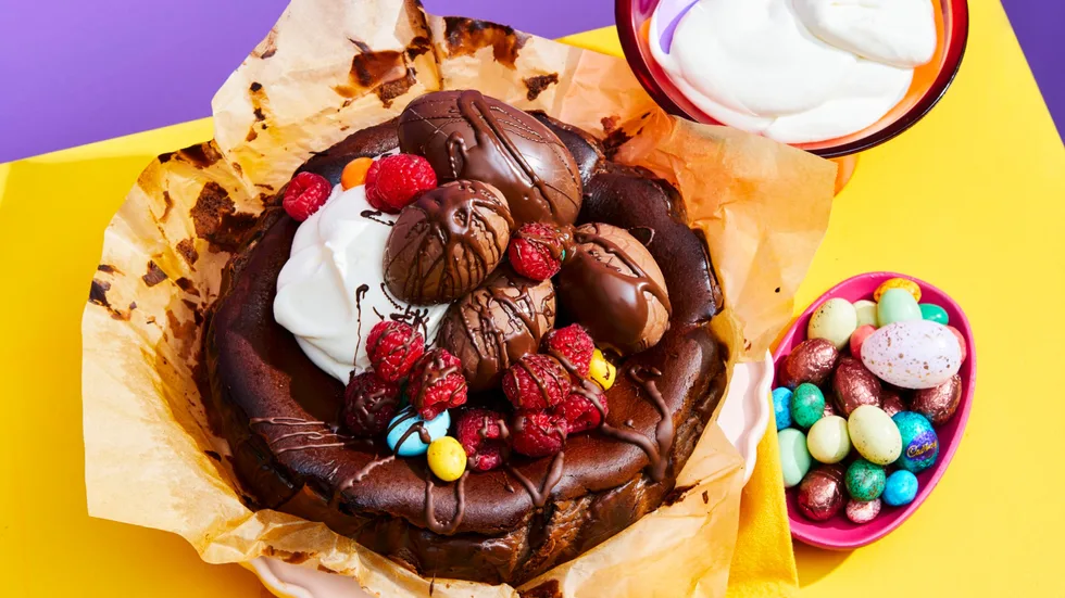 chocolate basque cheesecake with easter eggs