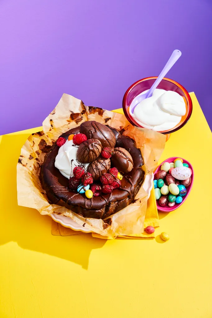 chocolate basque cheesecake with easter eggs