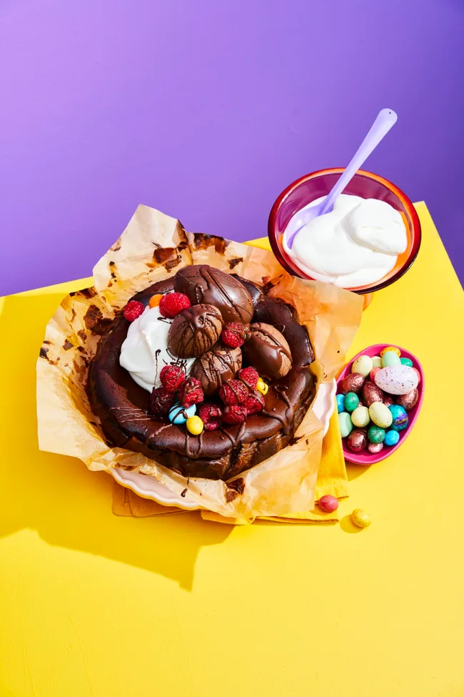 chocolate basque cheesecake with easter eggs