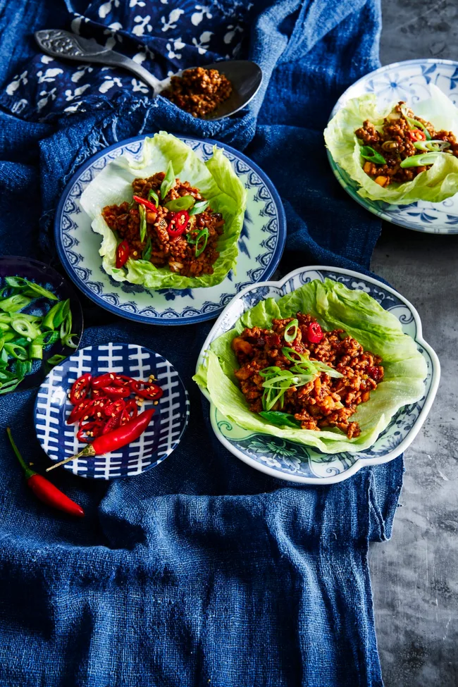 san choy bow in lettuce cups in bowls