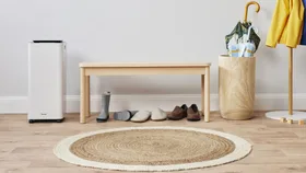 breville dehumidifier nearby a rug, gumboots and umbrellas in a home