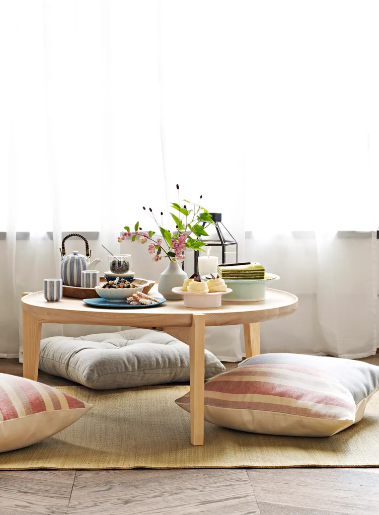 Tea station set up with floor cushions