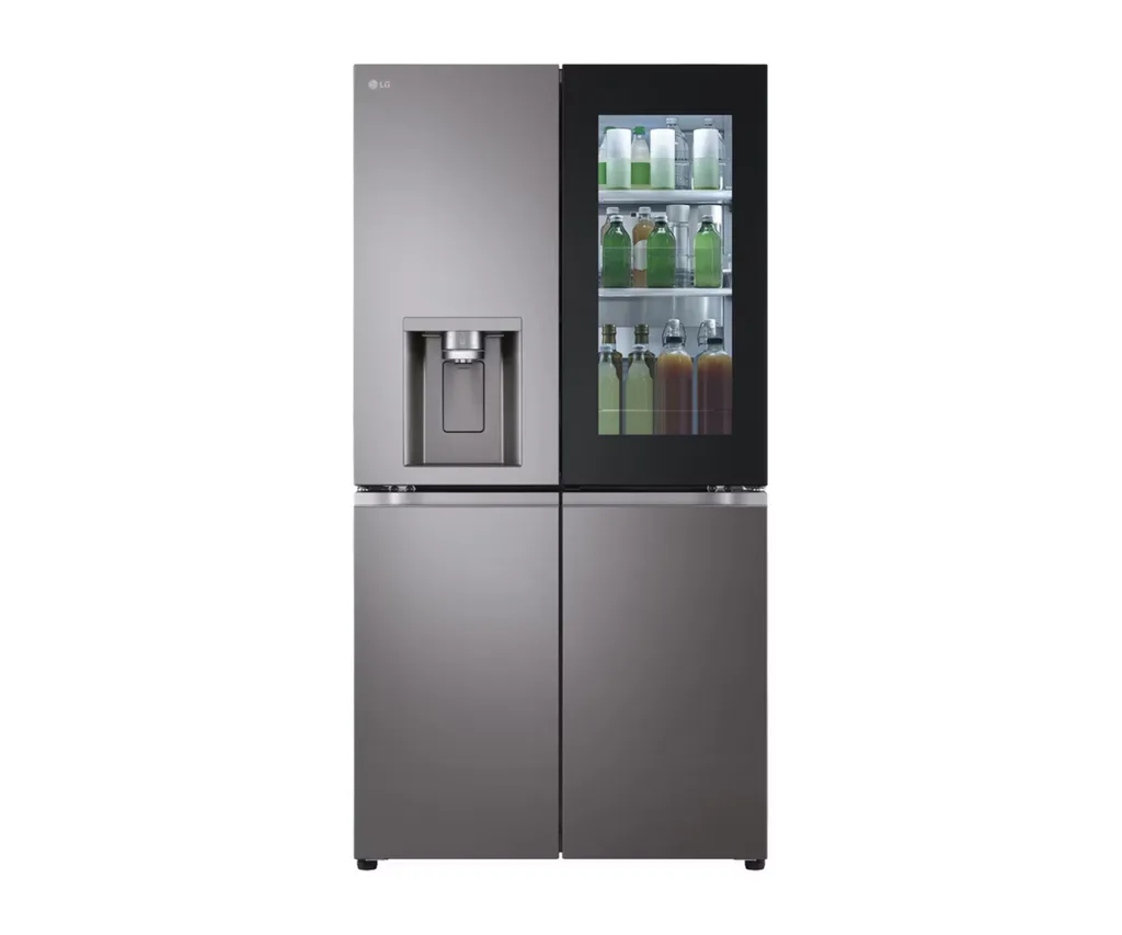 LG french door smart fridge with instaview shown with bottles inside door