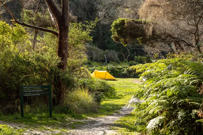 yellow camp tent surrounded by greenery in victorian campsite as part of low cost activities for april