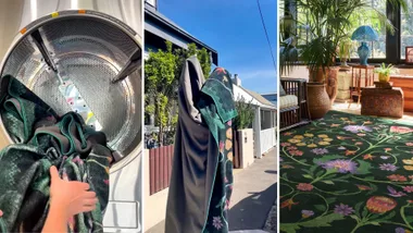 Ruggable review composite image with a photo of our reviewer putting the rug in a washing machine, carrying it home and a version of this rug staged at a home.