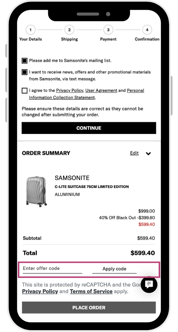 The Samsonite discount code field at the checkout.