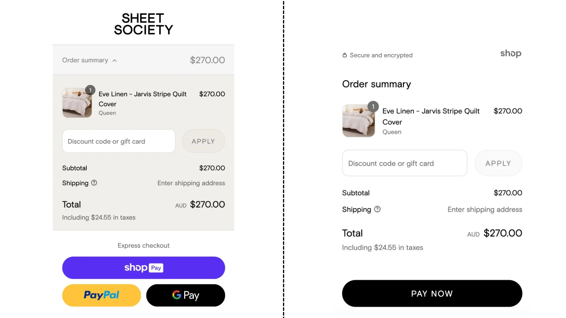 Side-by-side screenshots of the Sheet Society discount code field at the checkout on a mobile device.