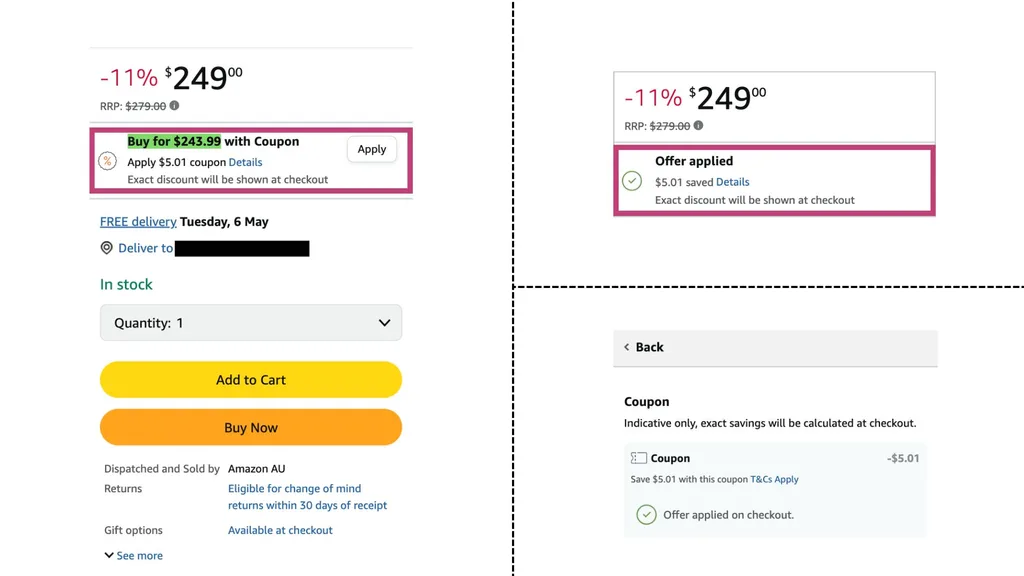 Screenshots of an Amazon promo code offer for a product before it's been added to cart.