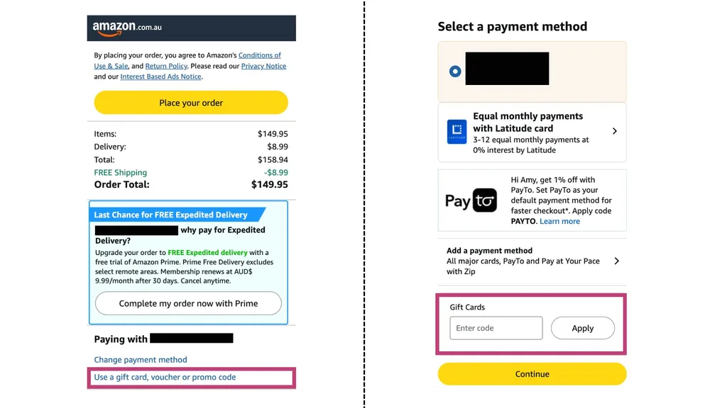 Two side-by-side screenshots of the Amazon checkout page on a mobile device. On the left, blue text states "Use a gift card, voucher or promo code". On the right is the screen that appears after selecting that, with a field titled "Gift cards" to enter a code.