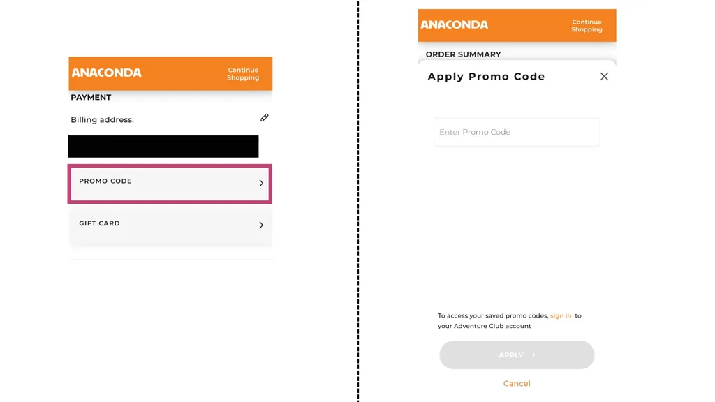 Two screenshots of the Anaconda checkout process on a mobile device. On the left, the billing address details are visible before the Promo Codes box. On the right is the field to enter the code.