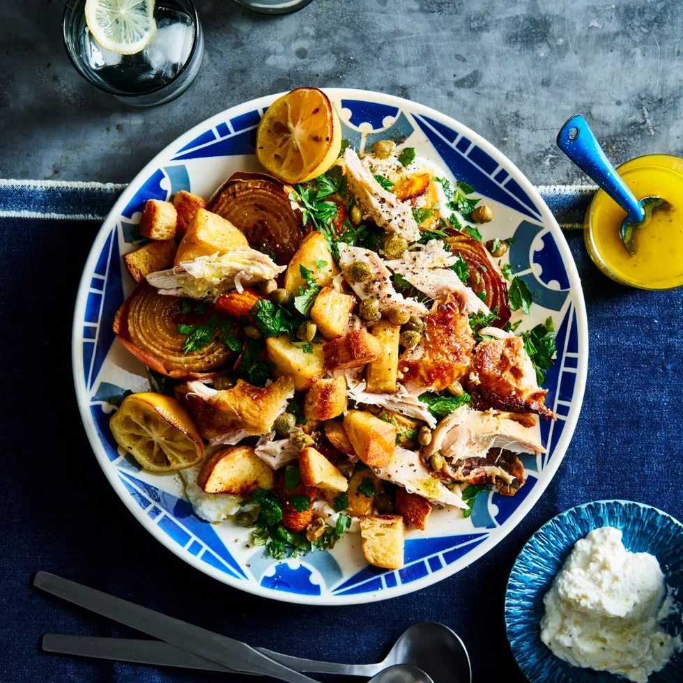 roast chicken salad with all of the sides in one bowl