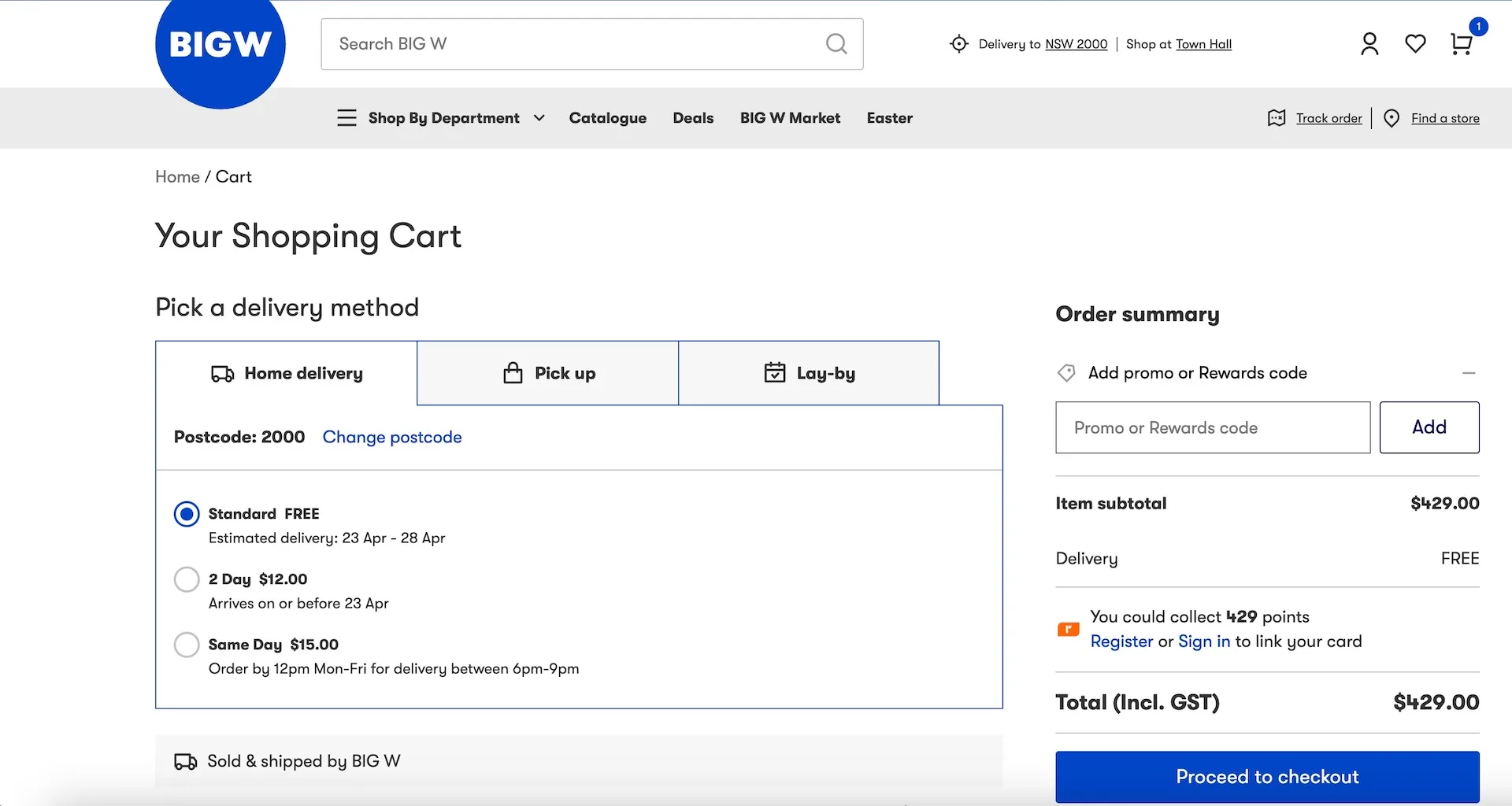 A screenshot of the Big W checkout process on desktop, which has the "Add promo or Rewards code" field on the right side.