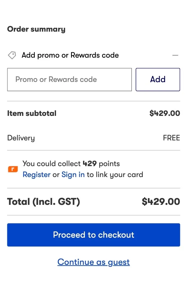 A screenshot of the "Add promo or Rewards code" field during the Big W checkout process.