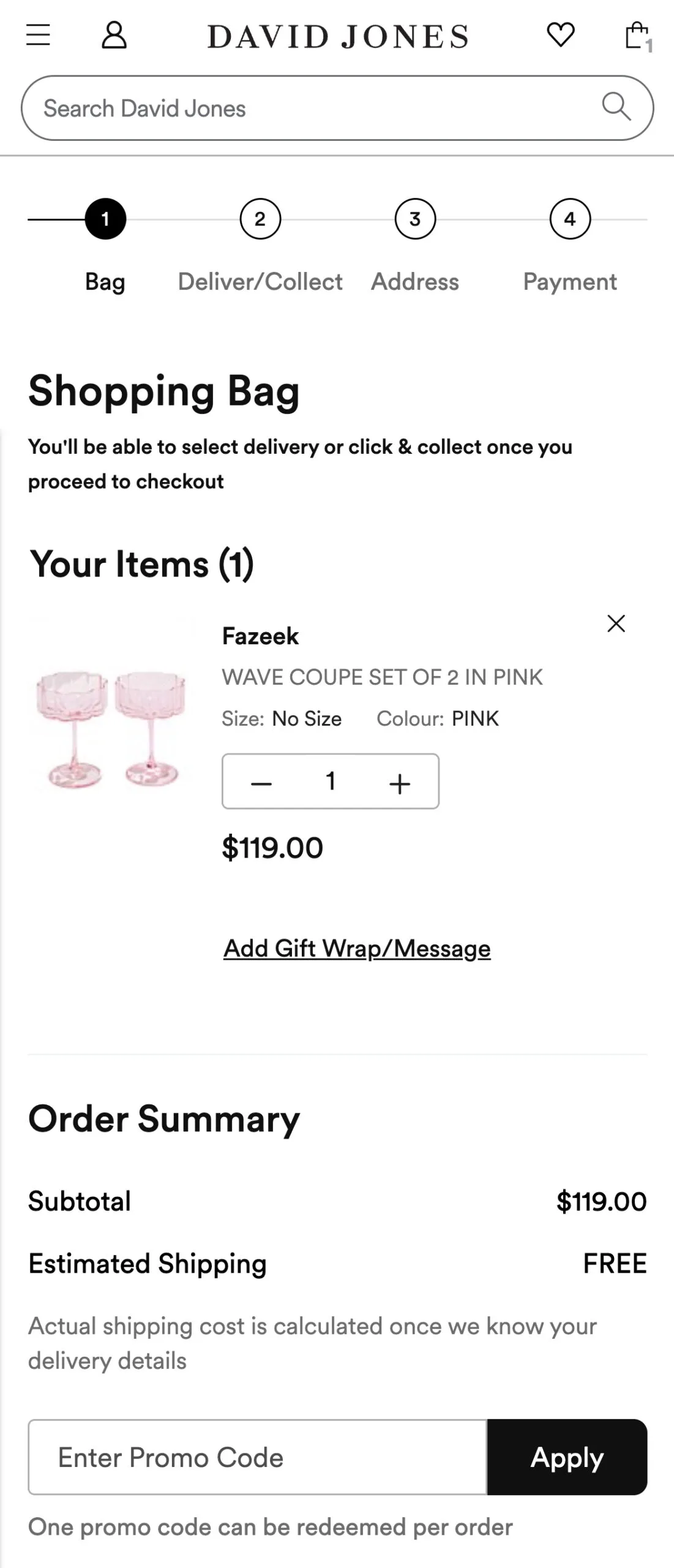 A screenshot of the checkout at David Jones, with the 'Enter Promo Code' field visible after the Order Summary details.