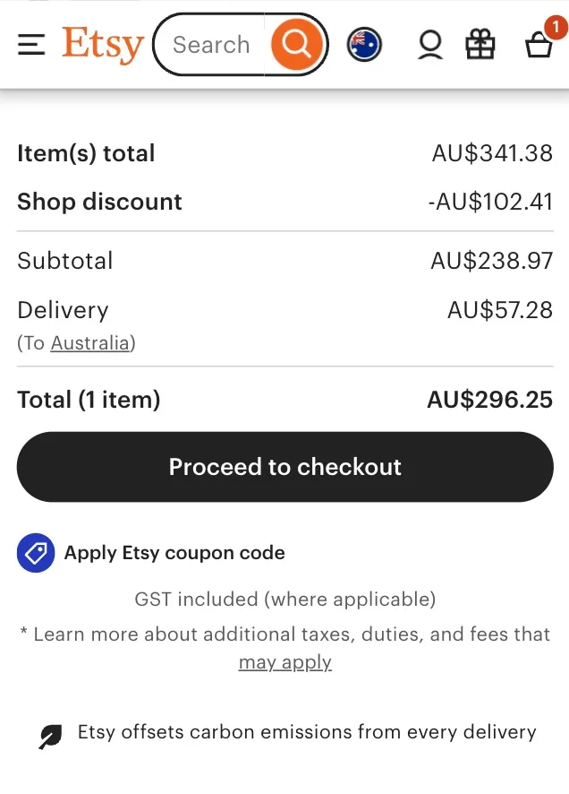 A screenshot of the Etsy shopping cart with a tag icon and text stating "Apply Etsy coupon code" after the "Proceed to checkout" button.