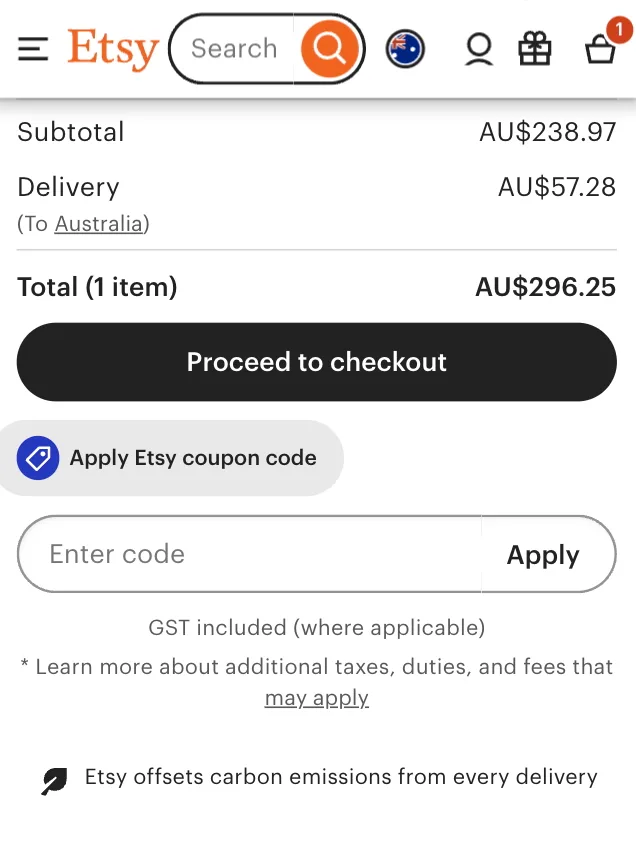 A screenshot of the Etsy shopping cart with a field to enter the coupon code visible after the "Apply Etsy coupon code" text.