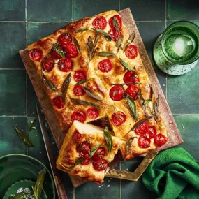 Roasted garlic and cherry tomato no-knead focaccia