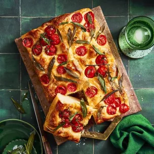 Roasted garlic and cherry tomato no-knead focaccia