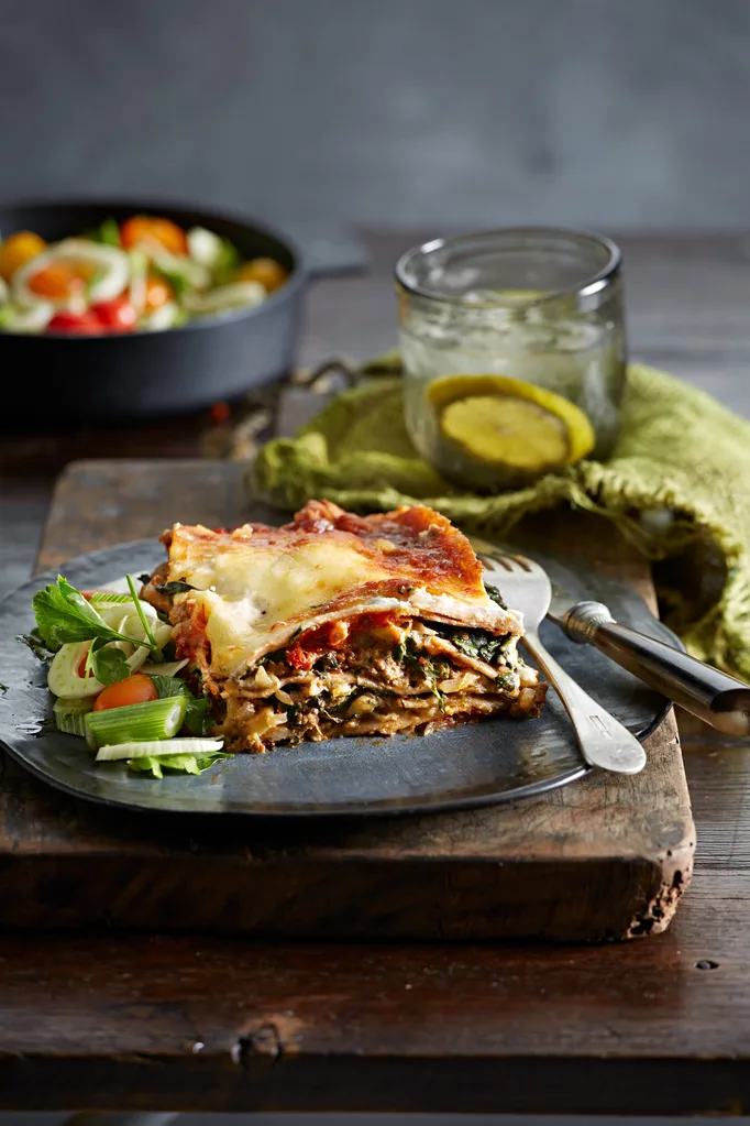 Slice of healthier lasagne with vegetables and cottage cheese