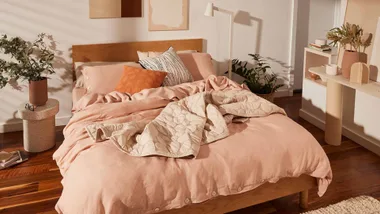 A queen size Koala Balmain Bed Base in a light wood finish is the central focus of a bright bedroom scene. Soft pink linen bedding is rumpled invitingly, with textured pillows and a patterned throw. A wooden bedside table with a potted plant sits to the left.
