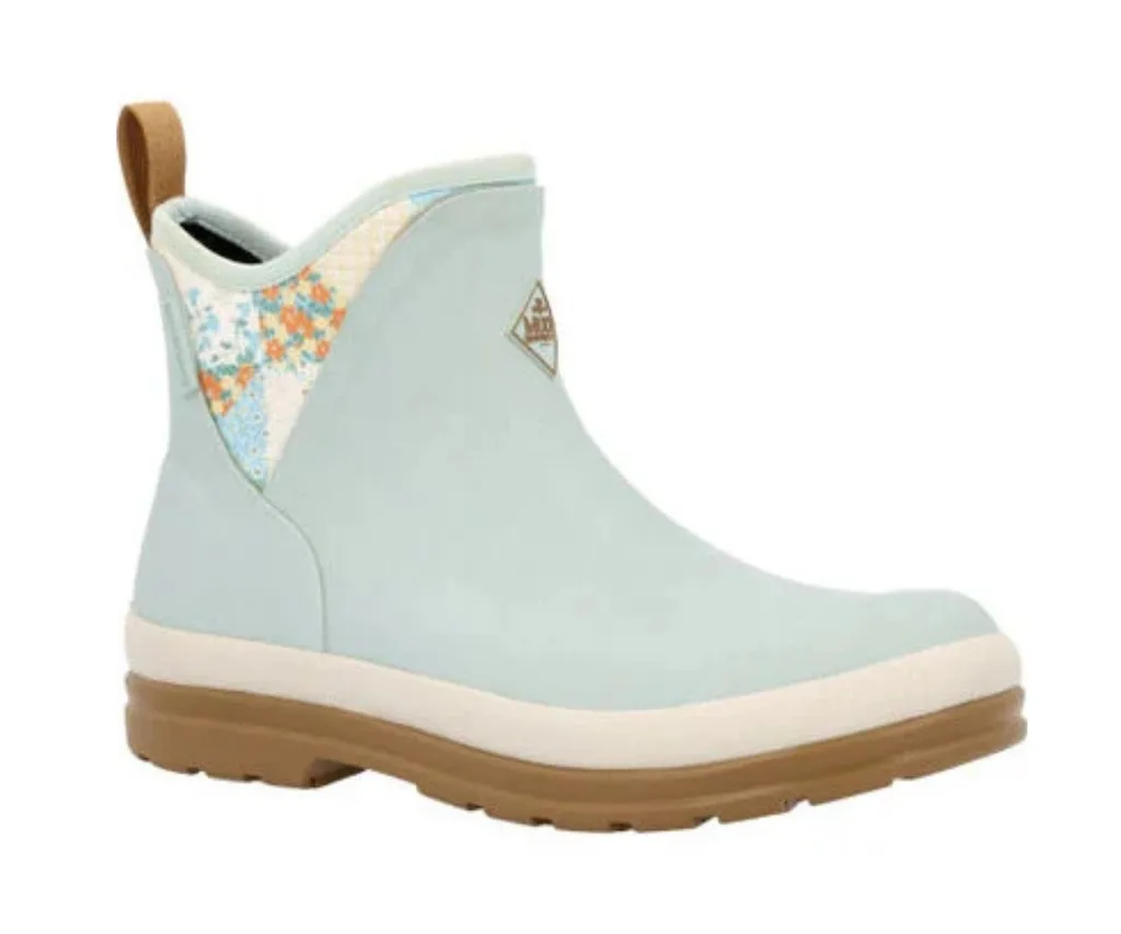 womens ankle boot in light blue with exposed lining of floral pattern for gardening shoes
