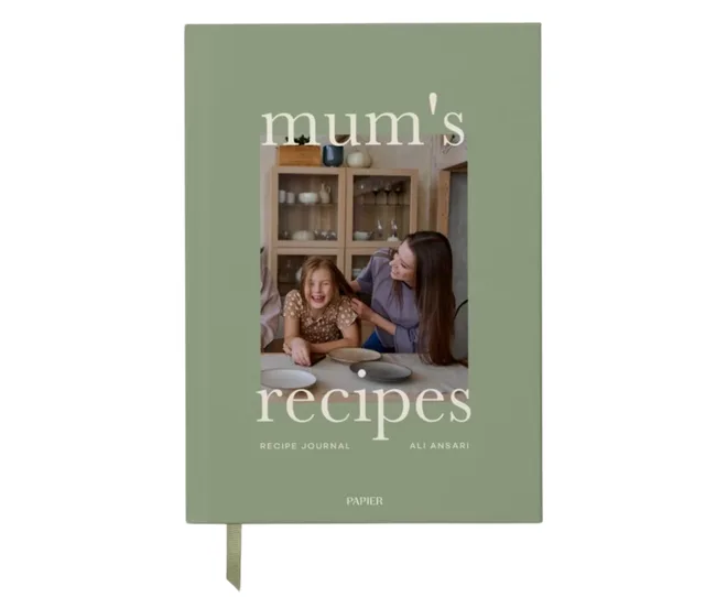 recipe journal with 'mum's recipes' written on the front and option for photo