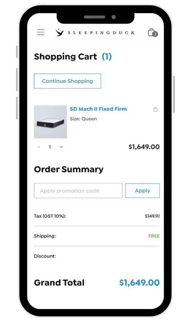 A screenshot of the Sleeping Duck checkout with the discount code field shown after the Order Summary.