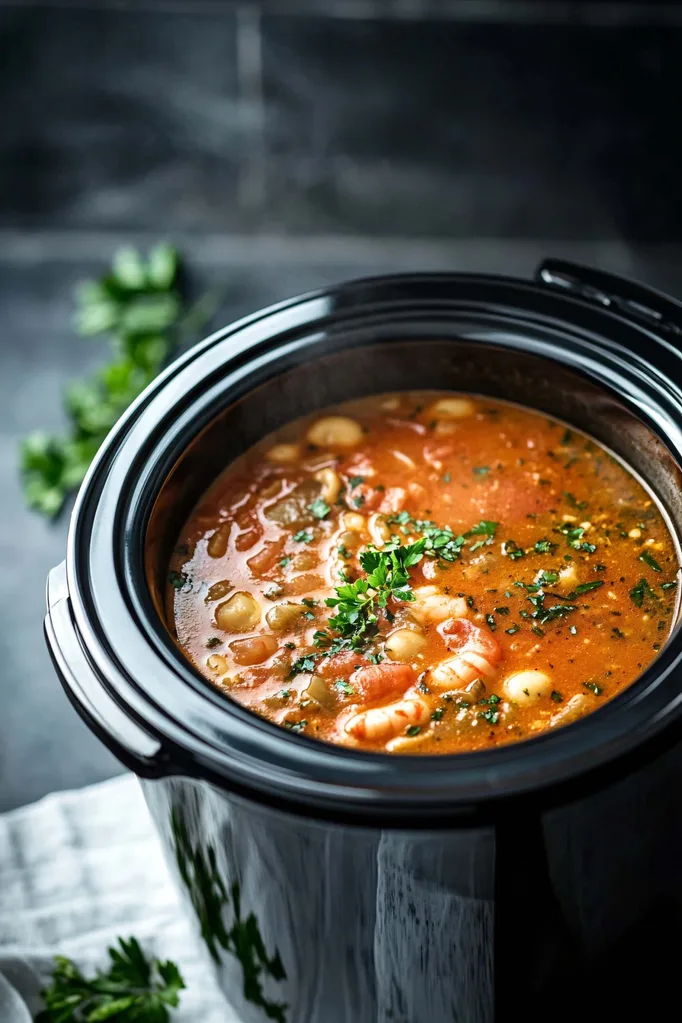 Vegetable soup being cooked in a slow cooker