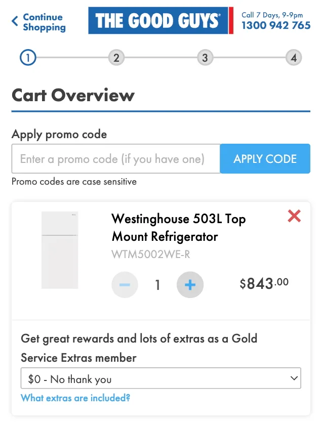 A screenshot of an order on The Good Guys website where the "Apply promo code" field is visible.