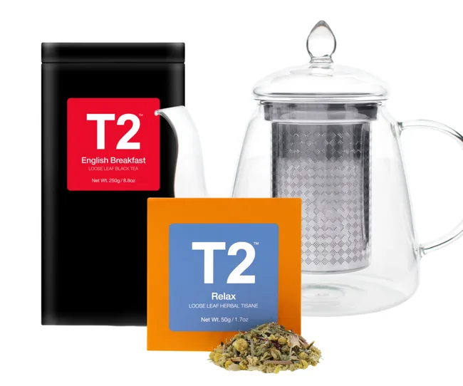 assortment of tea and a glass tea pot from T2