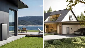Two scenes featuring the Anker SOLIX X1 home battery. The left image shows the battery integrated into a luxury lakeside home setting, while the right image shows it installed at a contemporary suburban house with an electric vehicle.
