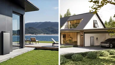 Two scenes featuring the Anker SOLIX X1 home battery. The left image shows the battery integrated into a luxury lakeside home setting, while the right image shows it installed at a contemporary suburban house with an electric vehicle.