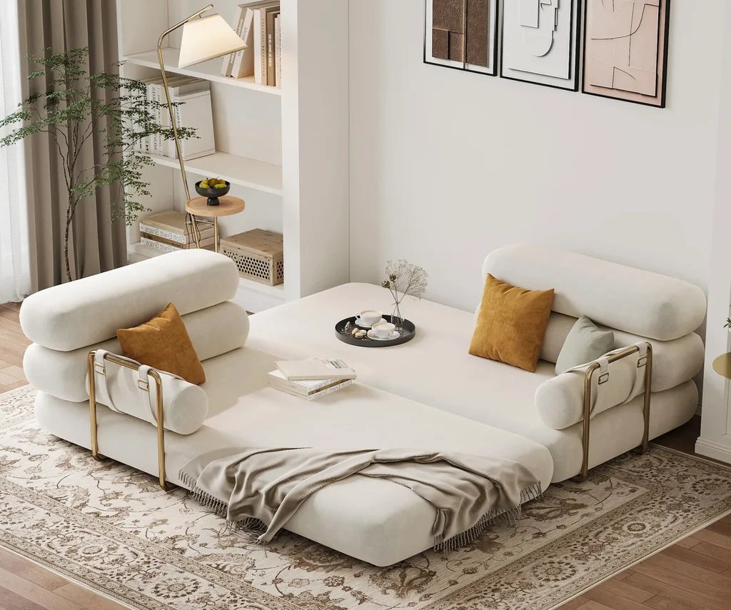 Homary 2060mm King 3-Seater Velvet Convertible Futon Sofa Bed in white.