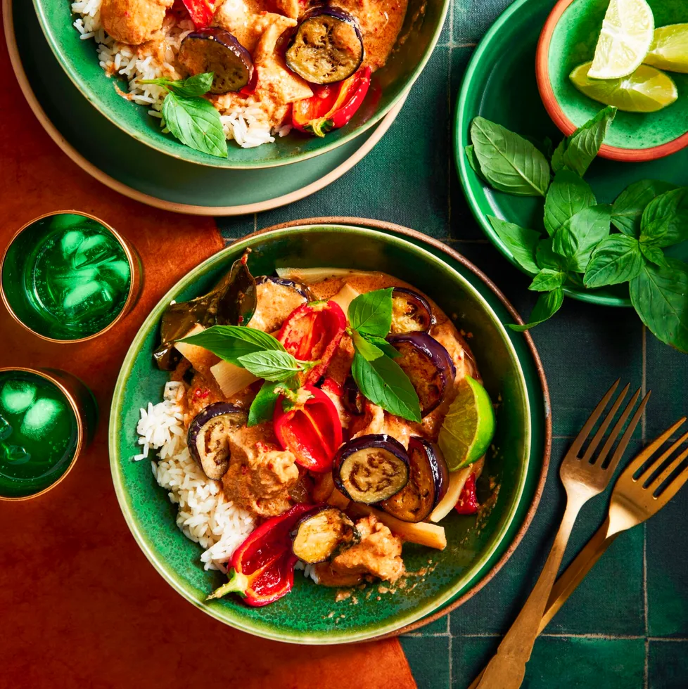 thai red curry with chicken eggplant and capsicum in homemade curry paste