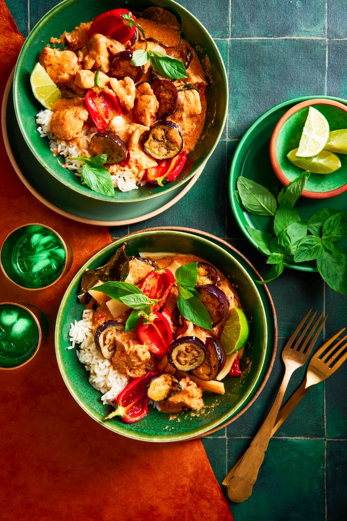 thai red curry with chicken eggplant and capsicum in homemade curry paste