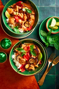 thai red curry with chicken eggplant and capsicum in homemade curry paste