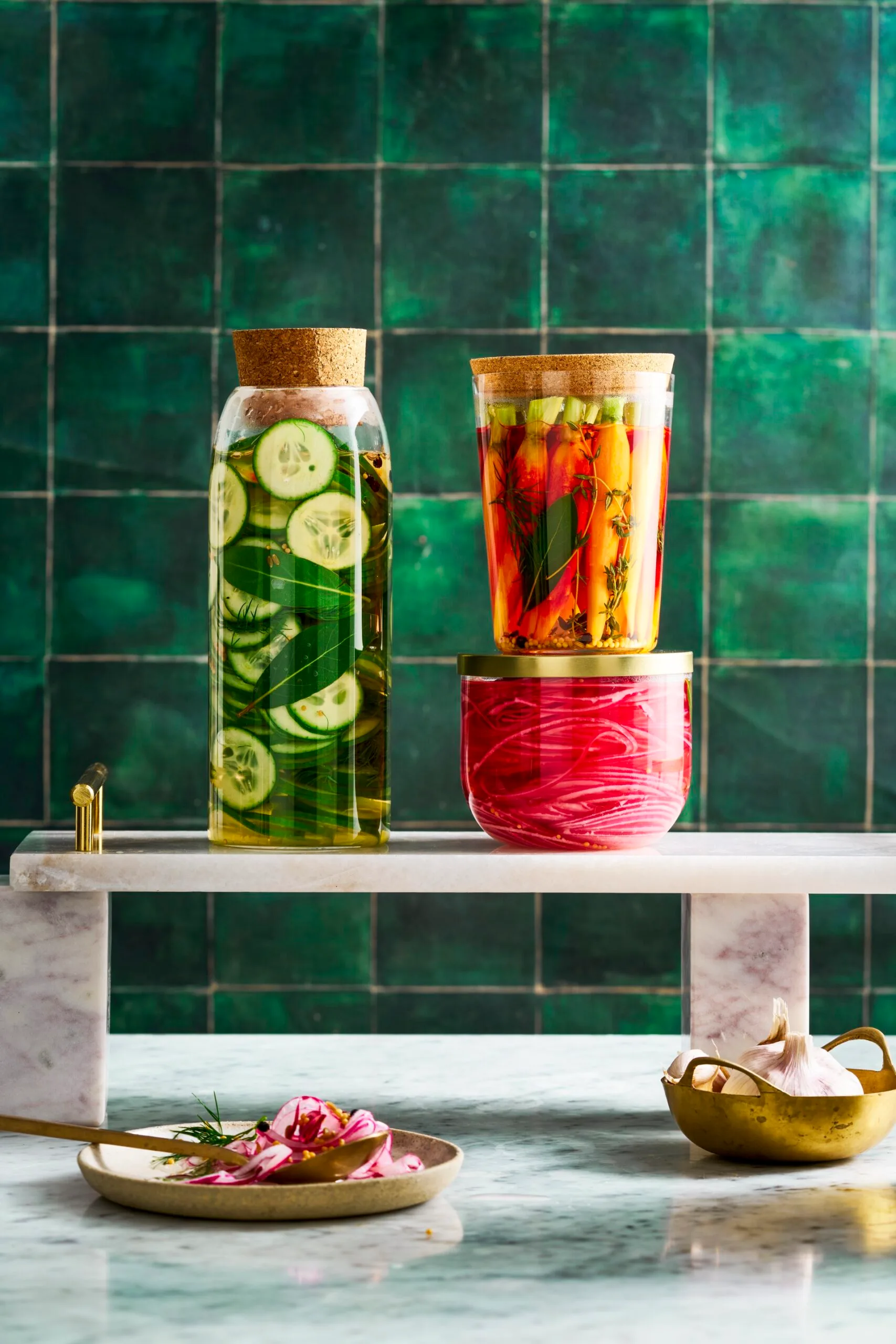 pickle recipe with cucumber pickles, carrot pickles and pickled onions in three separate jars