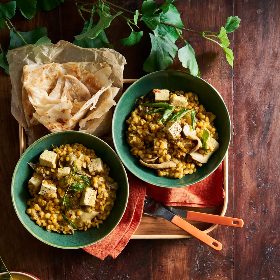 tofu and lentil vegetable stew in two green bowls with naan on the side