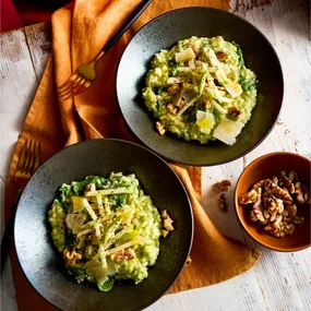 Broccoli risotto with pickled apple and walnuts
