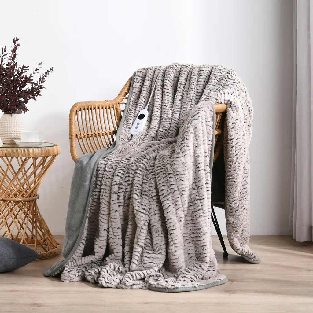 faux fur electric heated blanket in white and black spotted stripe colourway