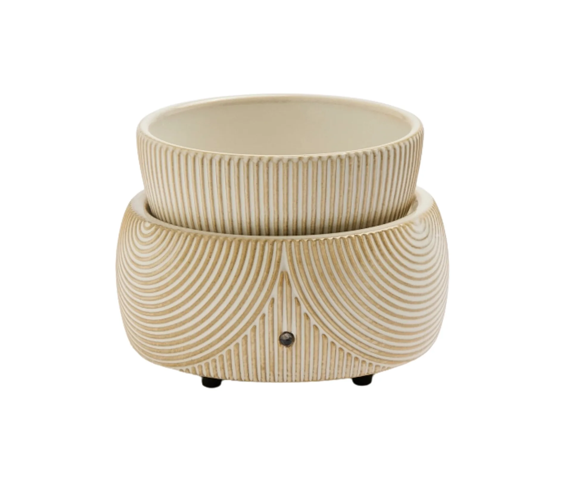 electric oil burner with fake wood design with notches in swirling arch design
