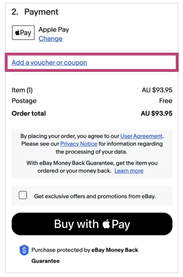 A screenshot of the eBay checkout with a rectangle around the text "Add a voucher or coupon code" to highlight where it is on mobile.