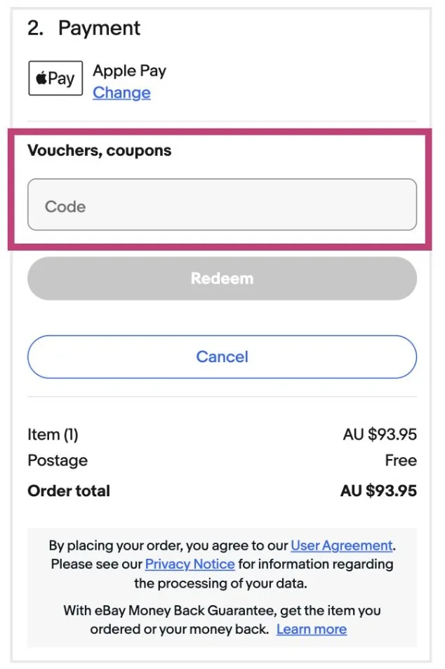 A screenshot of the eBay checkout with the field to add a code.