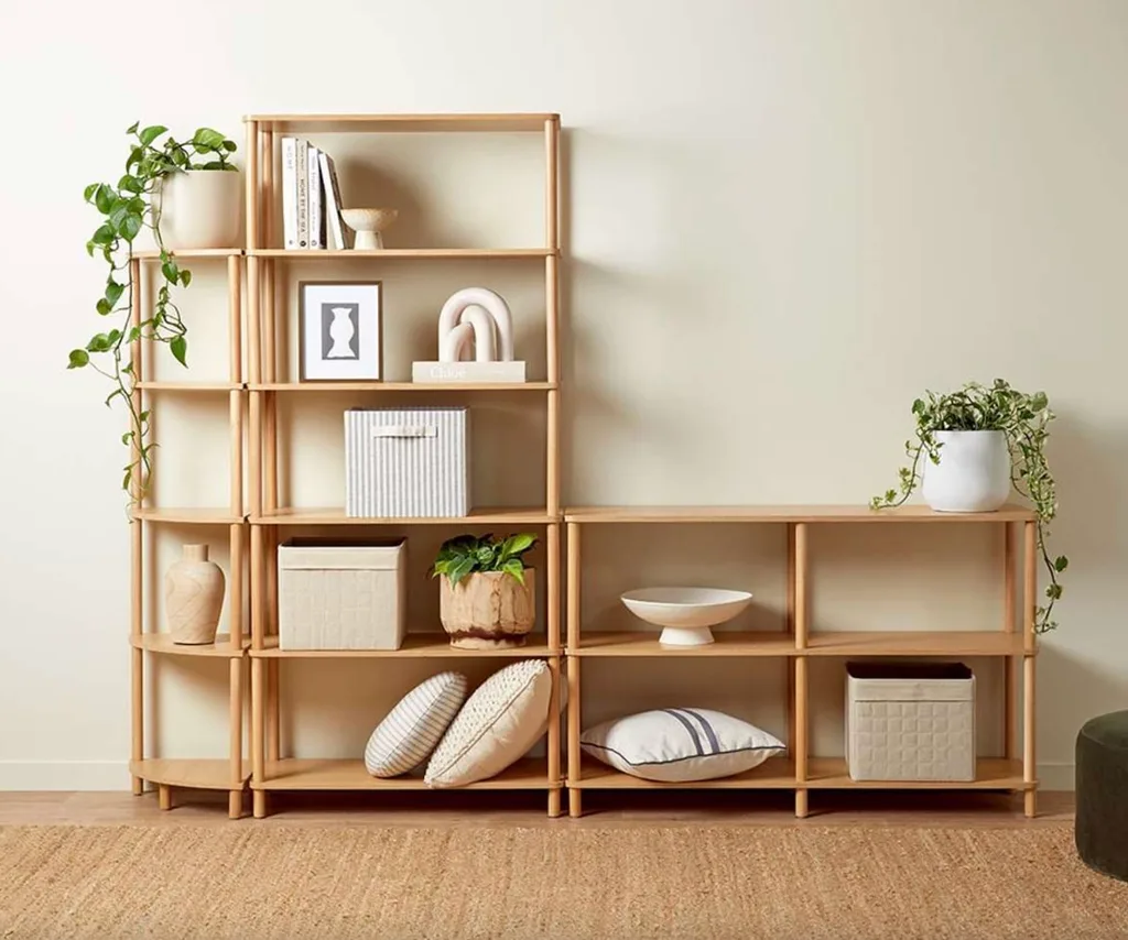 Eden Corner Shelf on the left, next to the Eden tall shelf and low shelf.