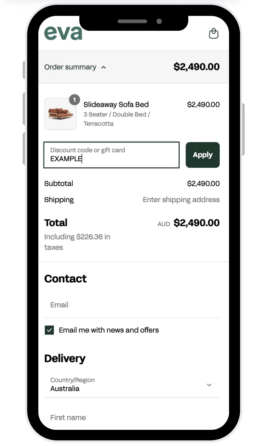 A screenshot of the Eva checkout with the discount code field visible in the "Order summary".