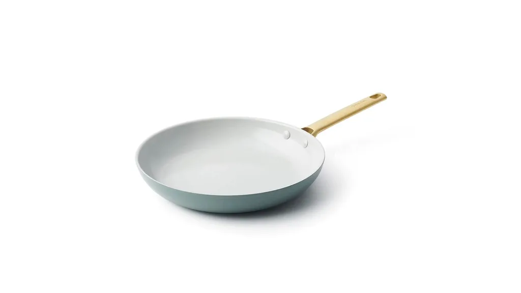 GreenPan Padova 28cm non-stick frying pan in a stylish smokey blue with a golden-coloured stainless steel handle.